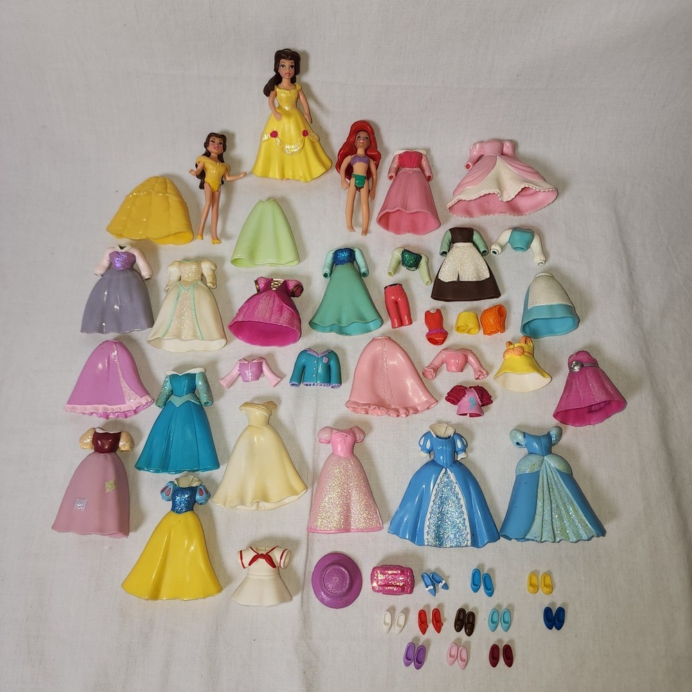 Polly Pocket Clip Doll And Clothing Lot of 61 Vintage Rubber Dresses Ariel Belle